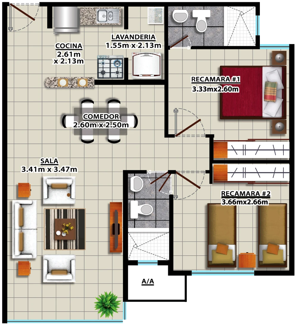 Venice Place · 77 m² · Distribución 2D publicada