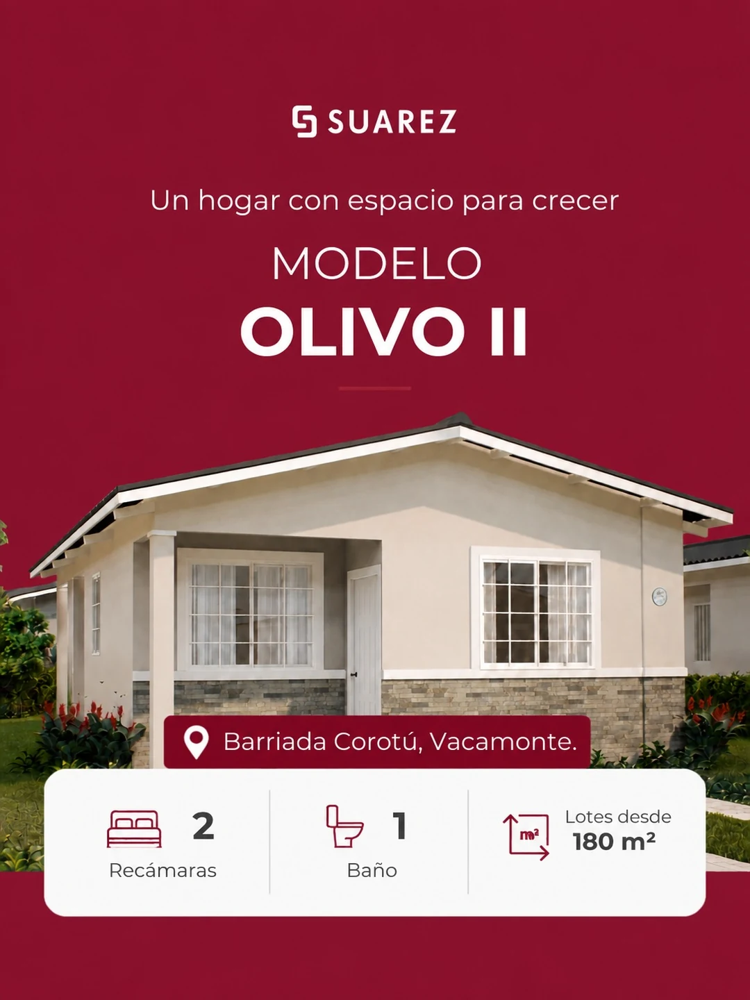 Pieza oficial del modelo Olivo II en Corotú: dos recámaras, un baño y lotes desde 180 m².