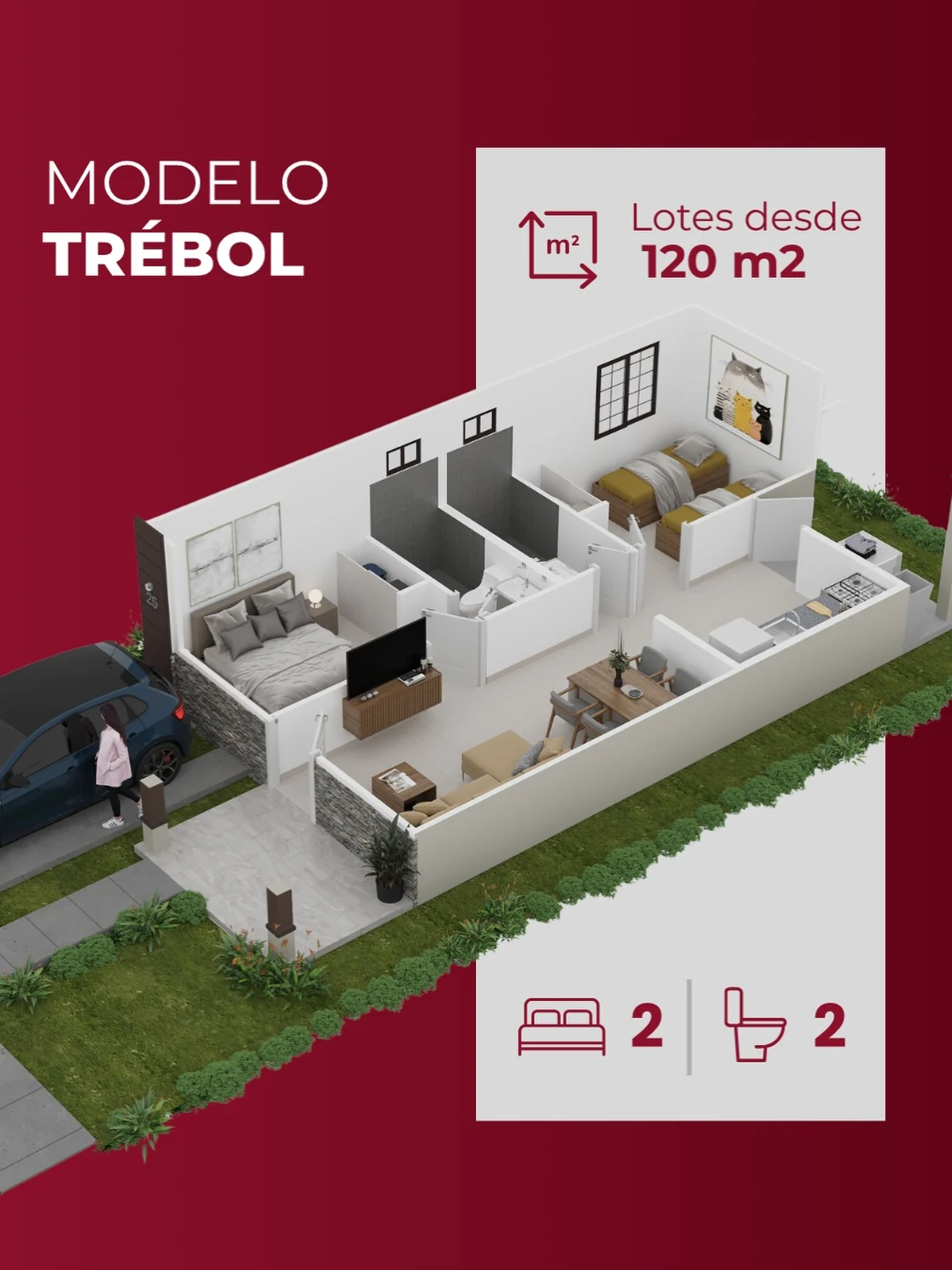Distribución 3D oficial del modelo Trébol: dos recámaras, dos baños y lotes desde 120 m².