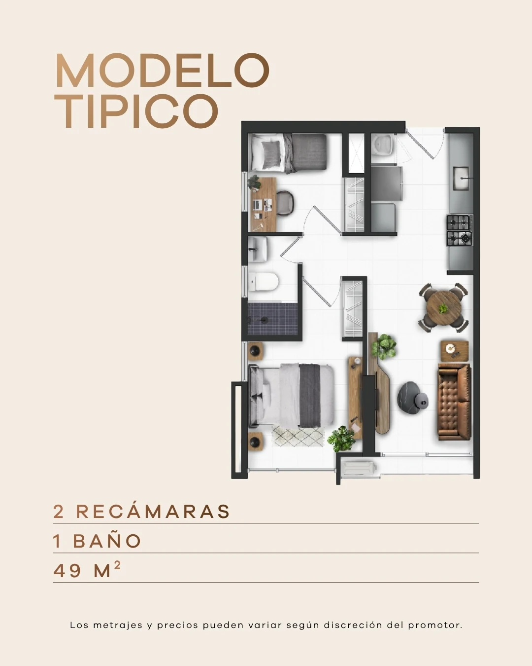 Distribución ilustrativa oficial del Modelo Típico de Venice Place: 49 m², dos recámaras y un baño. Fase por confirmar.